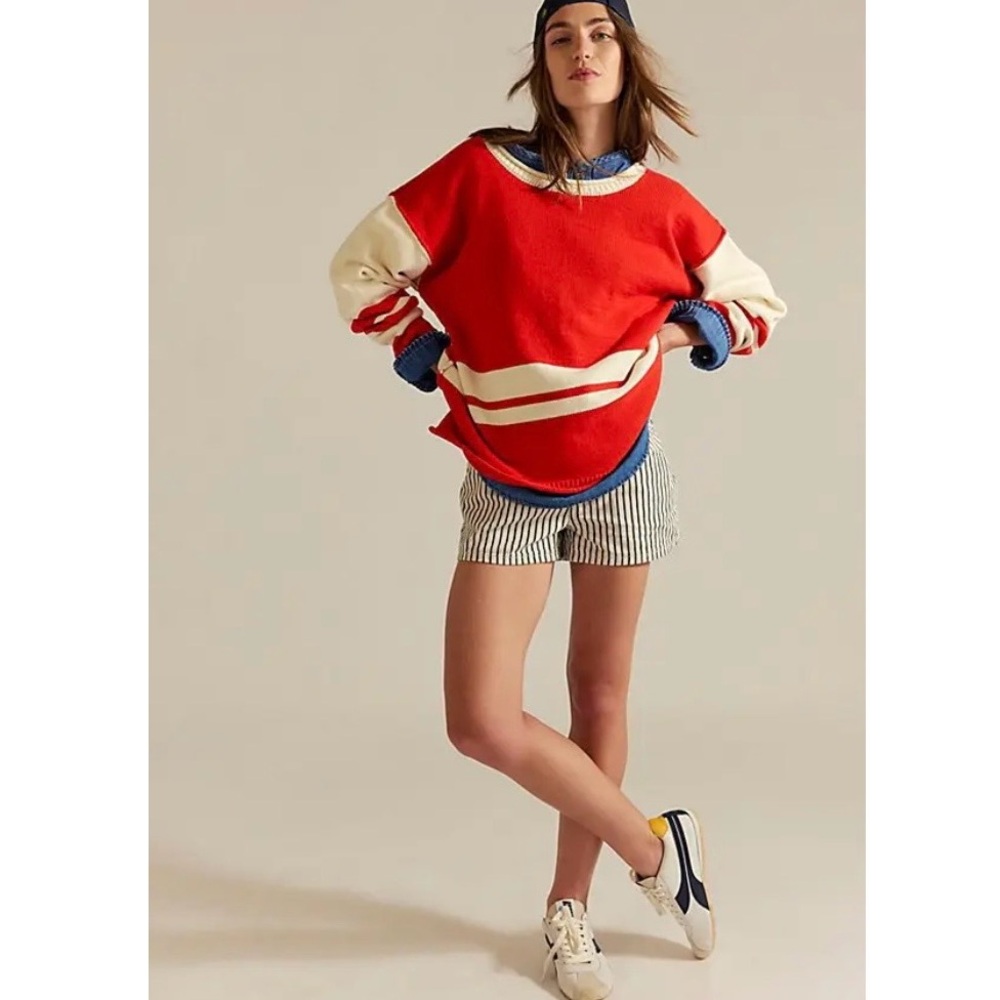 Free People Red and Cream Stripe Pullover Sweater - Picture 2 of 9